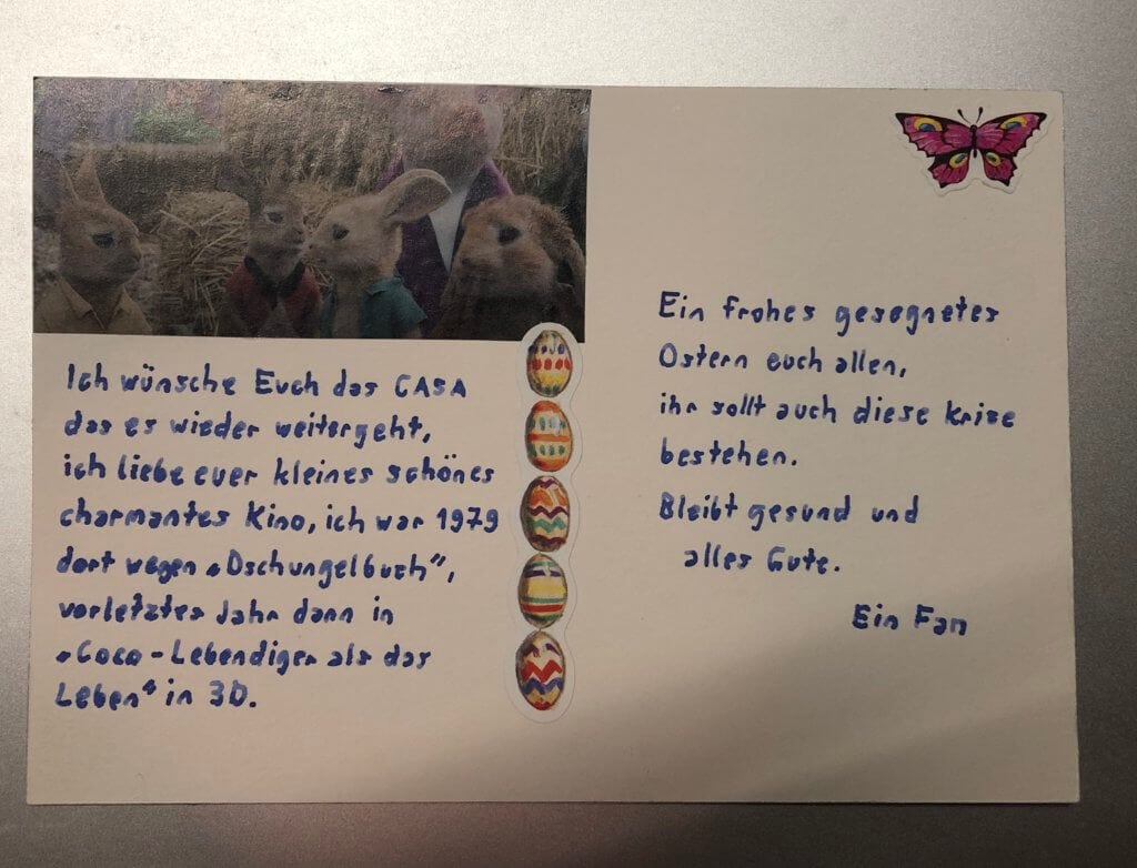 Postkarte eines Fans mit guten Wünschen ans Kino